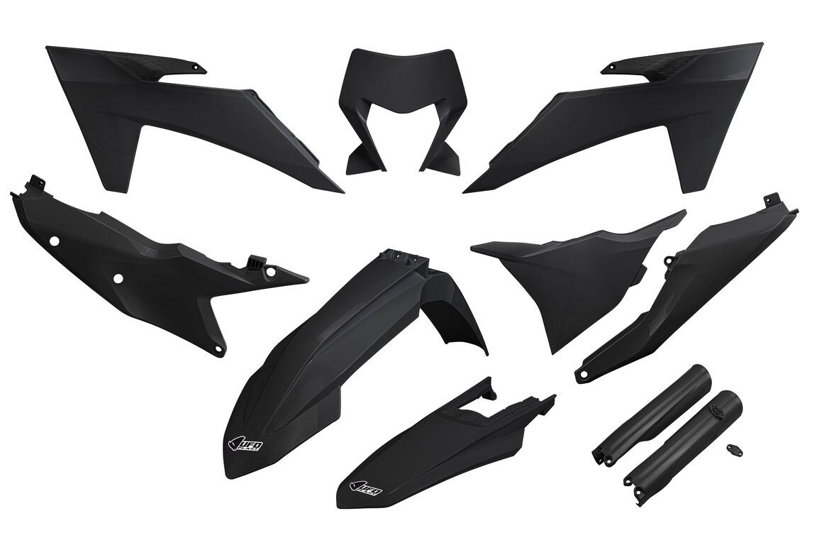 UFO Black with Forks Plastic Kit for KTM: EXC350F (2024-2025), EXC450F (2024-2025), EXC500F (2024-2025), XCF450W (2024-2025), XCW150 (2024-2025), XCW250 (2024-2025), XCW300 (2024-2025), XCW300 Factory Edition (2025), XW-F 350 (2024), XW-F 500 (2024)