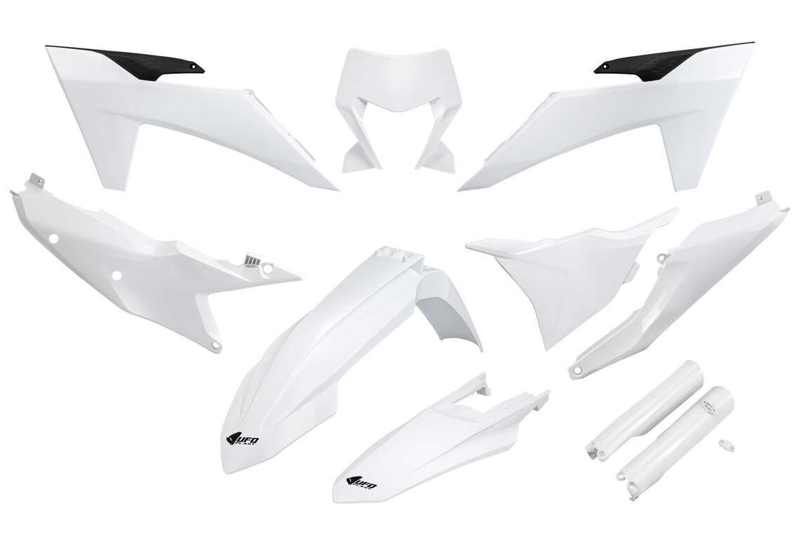 UFO White w/ Forks Plastic Kit for KTM: EXC350F (2024-2025), EXC450F (2024-2025), EXC500F (2024-2025), XCF450W (2024-2025), XCW150 (2024-2025), XCW250 (2024-2025), XCW300 (2024-2025), XCW300 Factory Edition (2025), XW-F 350 (2024), XW-F 500 (2024)