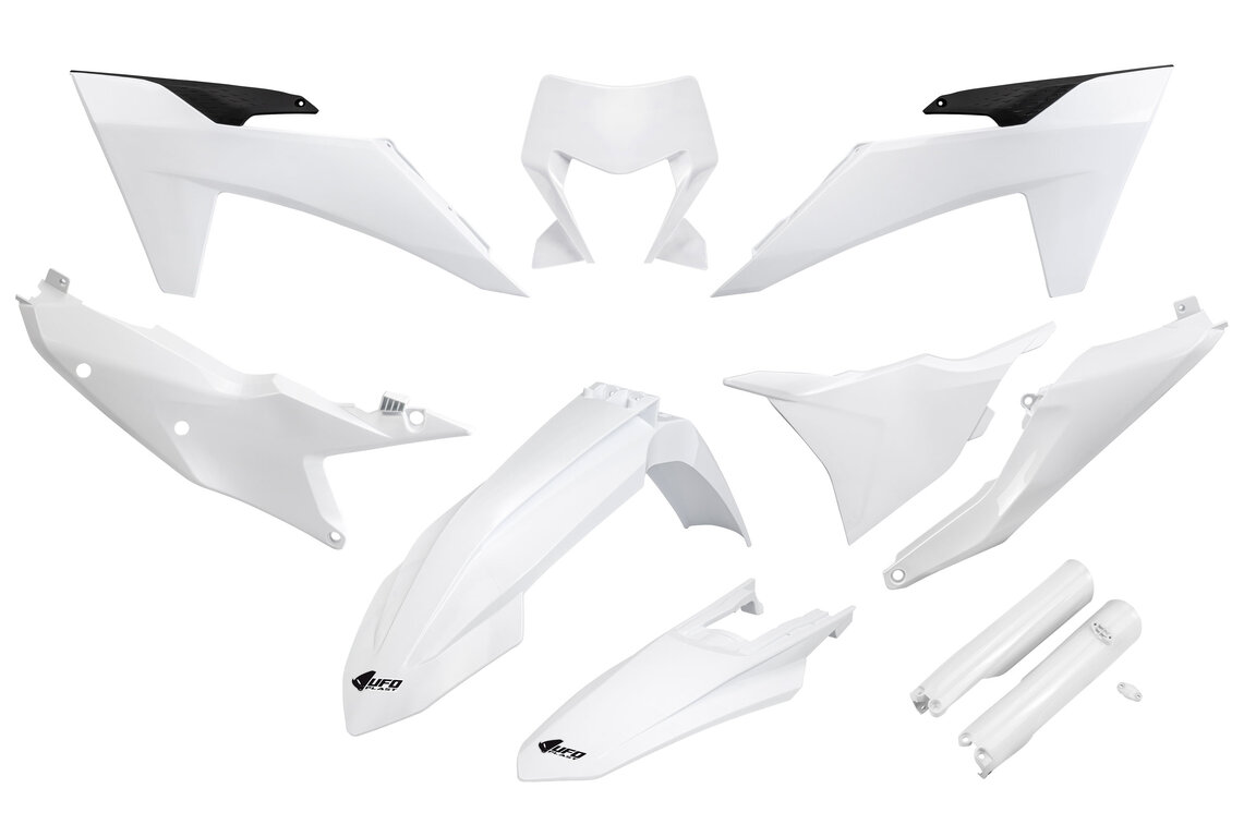 UFO White with Forks Plastic Kit for KTM: EXC350F (2024-2025), EXC450F (2024-2025), EXC500F (2024-2025), XCF450W (2024-2025), XCW150 (2024-2025), XCW250 (2024-2025), XCW300 (2024-2025), XCW300 Factory Edition (2025), XW-F 350 (2024), XW-F 500 (2024)
