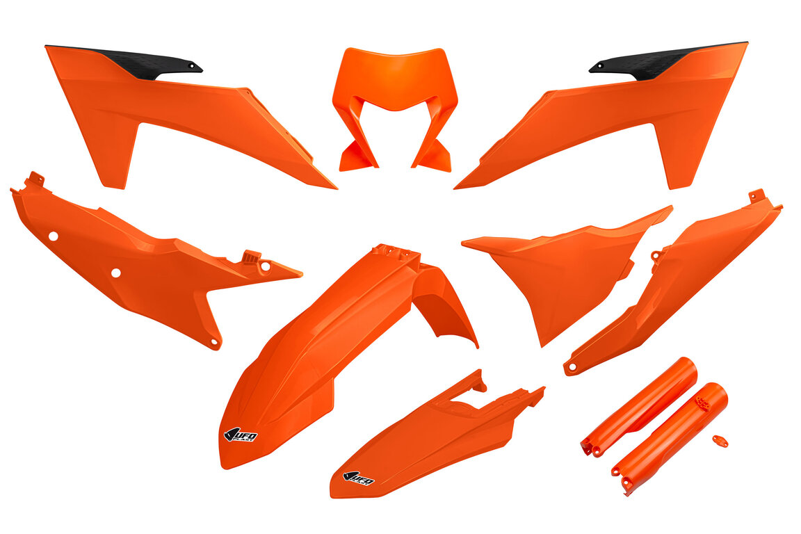 UFO Orange w/ Forks Plastic Kit for KTM: EXC350F (2024-2025), EXC450F (2024-2025), EXC500F (2024-2025), XCF450W (2024-2025), XCW150 (2024-2025), XCW250 (2024-2025), XCW300 (2024-2025), XCW300 Factory Edition (2025), XW-F 350 (2024), XW-F 500 (2024)