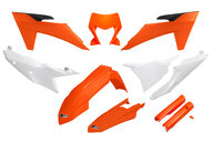 UFO OEM Color with Forks Plastic Kit for KTM: EXC350F (2024-2025), EXC450F (2024-2025), EXC500F (2024-2025), XCF450W (2024-2025), XCW150 (2024-2025), XCW250 (2024-2025), XCW300 (2024-2025), XCW300 Factory Edition (2025), XW-F 350 (2024), XW-F 500 (2024)