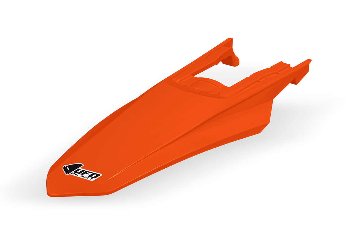 UFO Orange with Pins Rear Fender for KTM: EXC350F (2024-2026), EXC450F (2024-2025), EXC500F (2024-2027), XCF450W (2024-2027), XCW150 (2024-2027), XCW250 (2024-2027), XCW300 (2024-2027), XCW300 Factory Edition (2025), XCW300 Hard Enduro (2026), XW-F 350 (2024), XW-F 500 (2024)