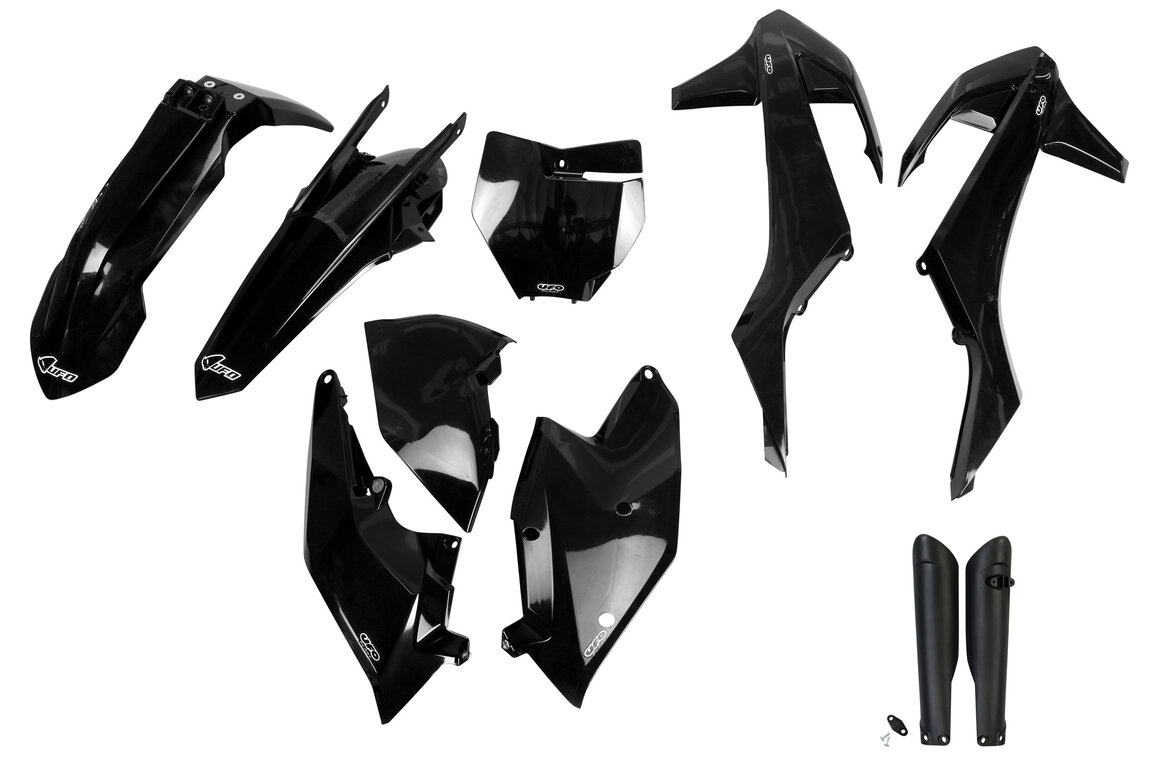 UFO Black w/ Forks Plastic Kit for KTM: EXC300 (2017-2018), SX125 (2016-2018), SX150 (2016-2018), SX250 (2017-2018), SXF250 (2016-2018), SXF250FE (2015-2017), SXF350 (2016-2018), SXF450 (2016-2018), SXF450FE (2015-2016), XC250 (2017-2018), XC300 (2018), XCF250 (2016-2018), ...and more