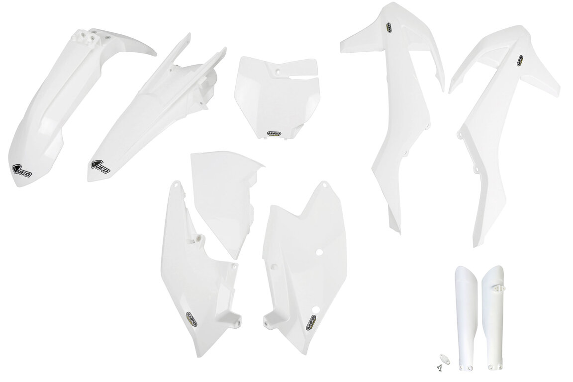 UFO White w/ Forks Plastic Kit for KTM: EXC300 (2017-2018), SX125 (2016-2018), SX150 (2016-2018), SX250 (2017-2018), SXF250 (2016-2018), SXF250FE (2015-2017), SXF350 (2016-2018), SXF450 (2016-2018), SXF450FE (2015-2016), XC250 (2017-2018), XC300 (2018), XCF250 (2016-2018), ...and more