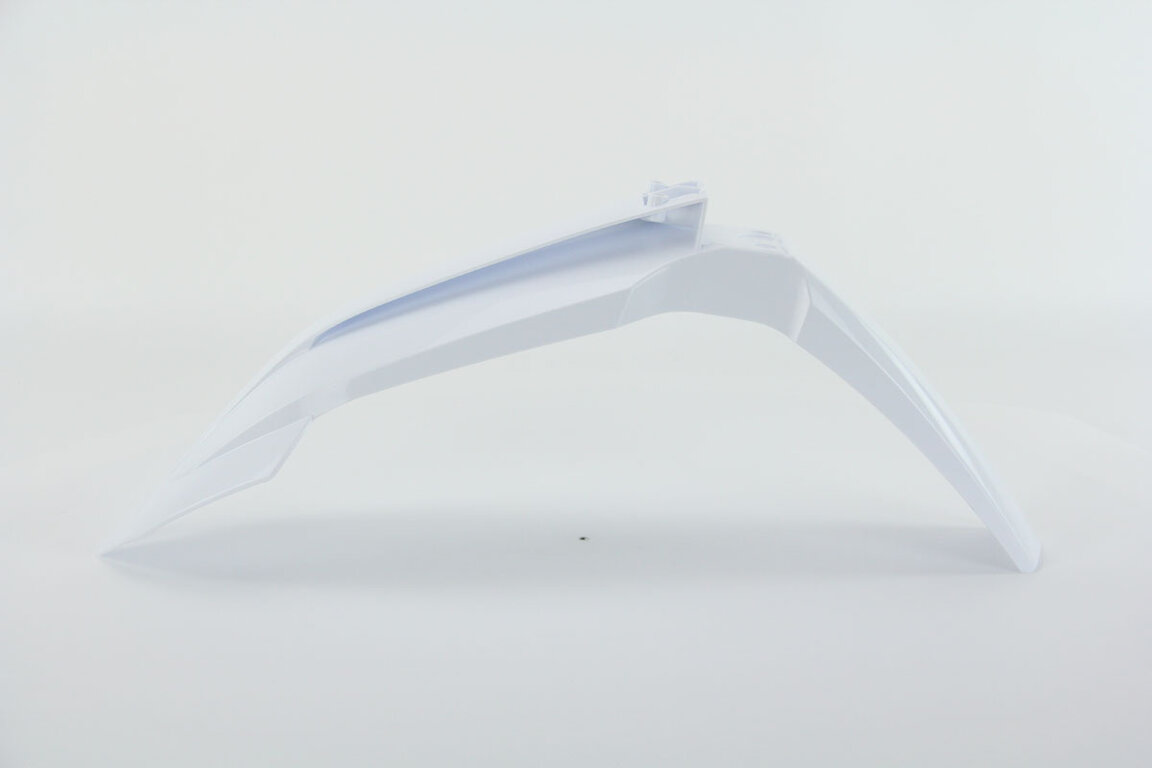 UFO Ceramic White Front Fender replacement plastics for 22-26 KTM EXCF, SX, SXF, XC, XCF, XCW, XW dirt bikes 360 view