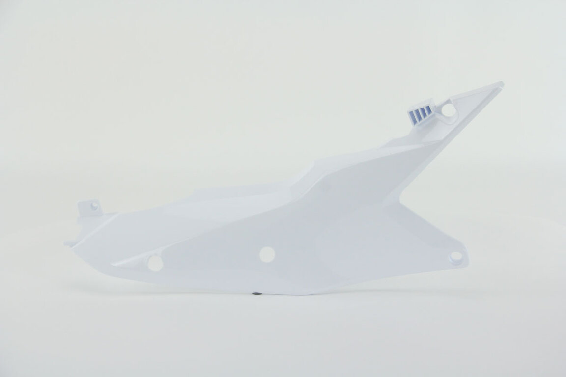 Right Side UFO Ceramic White Side Number Plates with Airbox Cover replacement plastics for 22-27 KTM EXCF, SMR, SX, SXF, XC, XCF, XCW, XW dirt bikes.