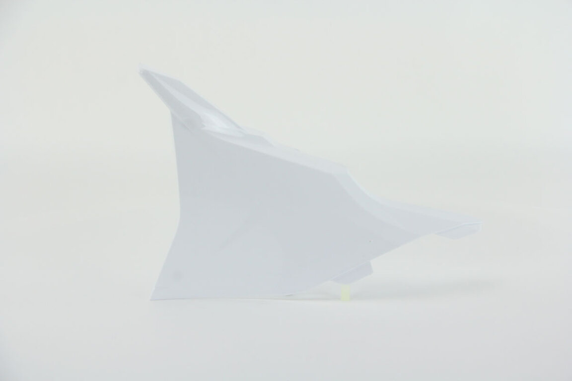 UFO Ceramic White Side Number Plates with Airbox Cover replacement plastics for 22-26 KTM EXCF, SMR, SX, SXF, XC, XCF, XCW, XW dirt bikes 360 view