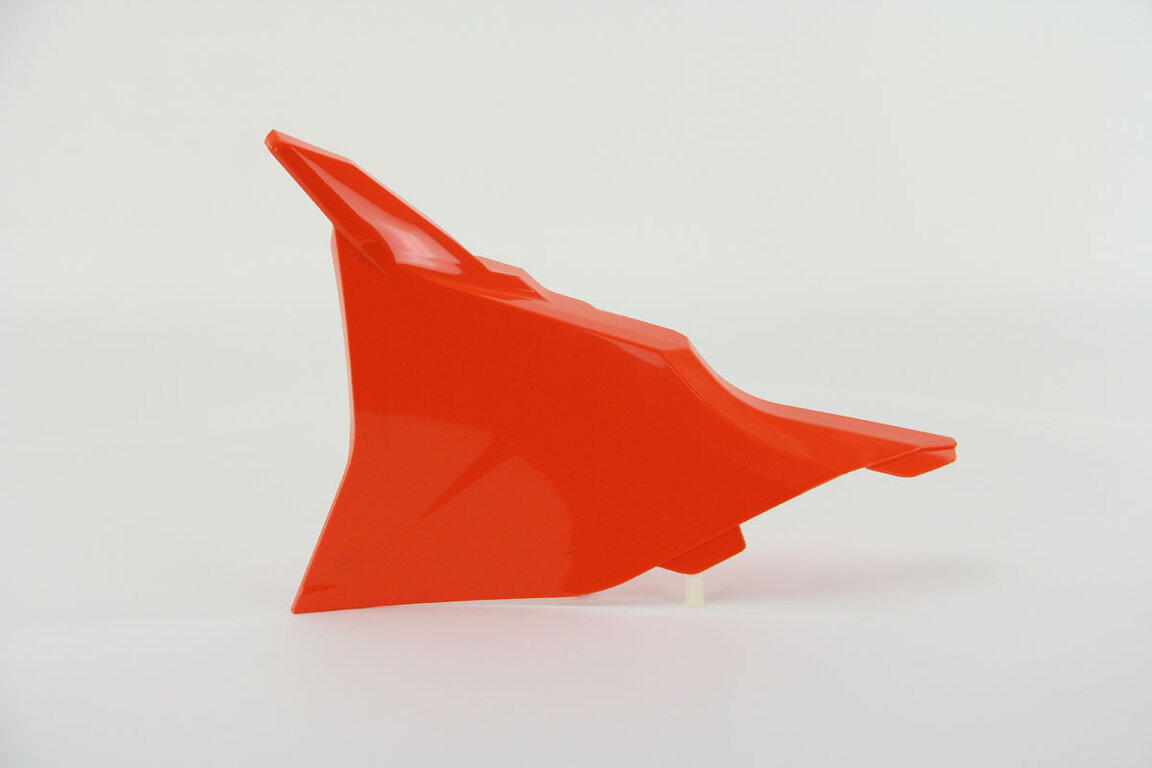 UFO Orange Side Number Plates with Airbox Cover replacement plastics for 22-26 KTM EXCF, SMR, SX, SXF, XC, XCF, XCW, XW dirt bikes 360 view