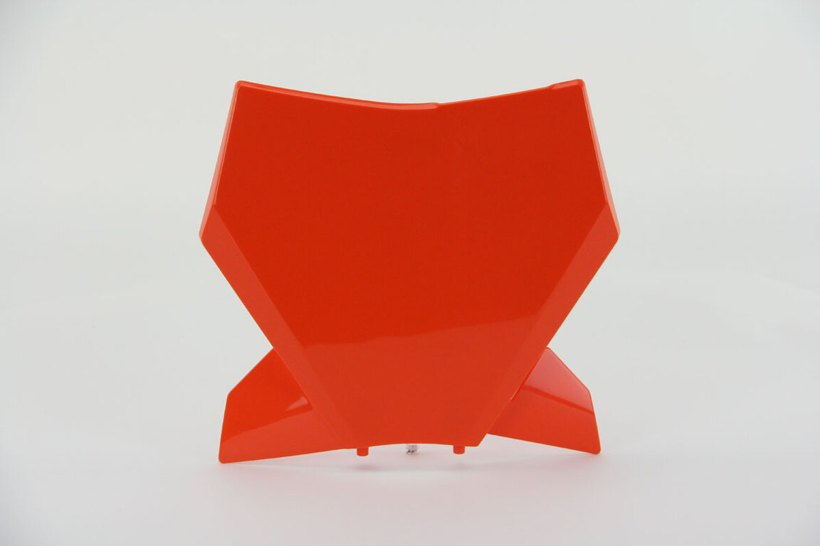 UFO Orange Front Number Plate replacement plastics for 22-27 KTM SMR, SX, SXF, XC, XCF dirt bikes 360 view
