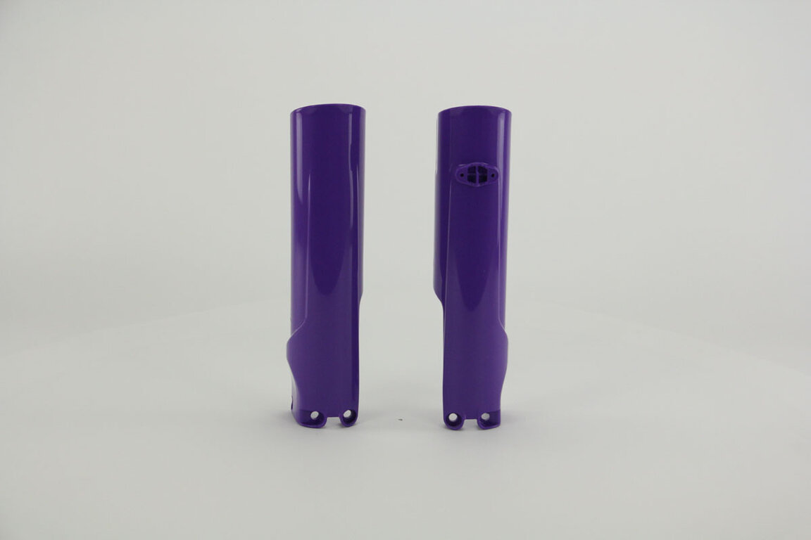 UFO Purple Lower Fork Guards replacement plastics for 22-27 Husqvarna, KTM FC, FC250 Factory Edition, FC450 Factory Edition, FE, FX, TC, TE, TX, EXCF, SX, SXF, XC, XCF, XCW, XW dirt bikes 360 view