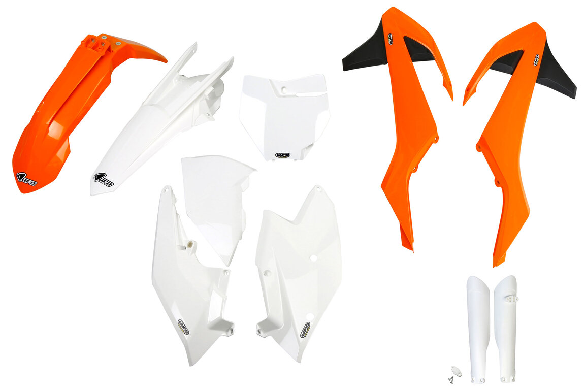 UFO OEM 16 with Forks Plastic Kit for KTM: EXC300 (2017-2018), SX125 (2016-2018), SX150 (2016-2018), SX250 (2017-2018), SXF250 (2016-2018), SXF250FE (2015-2017), SXF350 (2016-2018), SXF450 (2016-2018), SXF450FE (2015-2016), XC250 (2017-2018), XC300 (2018), XCF250 (2016-2018), ...and more