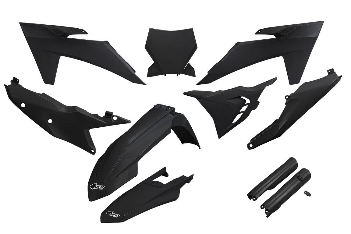 UFO Black Vented with Forks Plastic Kit for KTM: SX125 (2023-2024), SX250 (2023-2024), SX300 (2023-2024), SXF250 (2023-2024), SXF250FE (2022-2023), SXF350 (2023-2024), SXF450 (2023-2024), SXF450FE (2022-2023), XC125 (2023-2024), XC250 (2023-2024), XC300 (2023-2024), XCF250 (2023-202...and more
