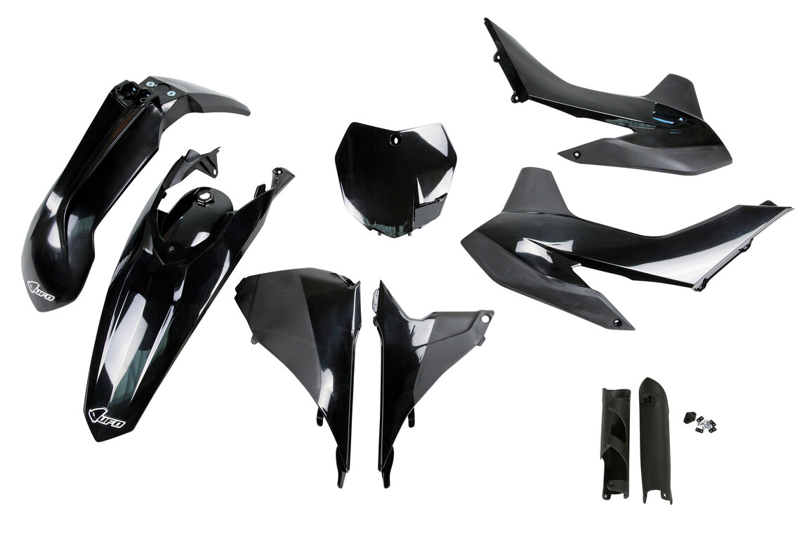 UFO Black with Forks Plastic Kit for KTM: SX125 (2013-2014), SX150 (2013-2014), SX250 (2013-2014), SXF250 (2013-2014), SXF350 (2013-2014), SXF450 (2013-2014), SXF450FE (2012-2014), XC150 (2013-2014), XC250 (2013-2014), XCF250 (2013-2014), XCF350 (2013-2014), XCF450 (2013-2014)