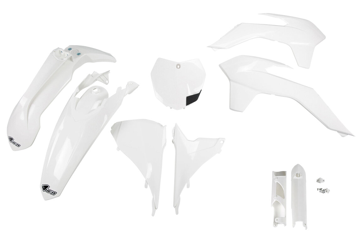 UFO White with Forks Plastic Kit for KTM: SX125 (2013-2014), SX150 (2013-2014), SX250 (2013-2014), SXF250 (2013-2014), SXF350 (2013-2014), SXF450 (2013-2014), SXF450FE (2012-2014), XC150 (2013-2014), XC250 (2013-2014), XCF250 (2013-2014), XCF350 (2013-2014), XCF450 (2013-2014)