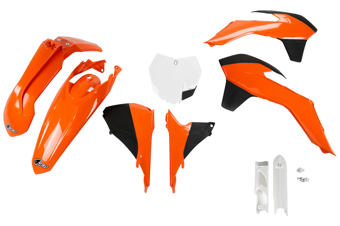 UFO OEM Color with Forks Plastic Kit for KTM: SX125 (2013-2014), SX150 (2013-2014), SX250 (2013-2014), SXF250 (2013-2014), SXF350 (2013-2014), SXF450 (2013-2014), SXF450FE (2012-2014), XC150 (2013-2014), XC250 (2013-2014), XCF250 (2013-2014), XCF350 (2013-2014), XCF450 (2013-2014)