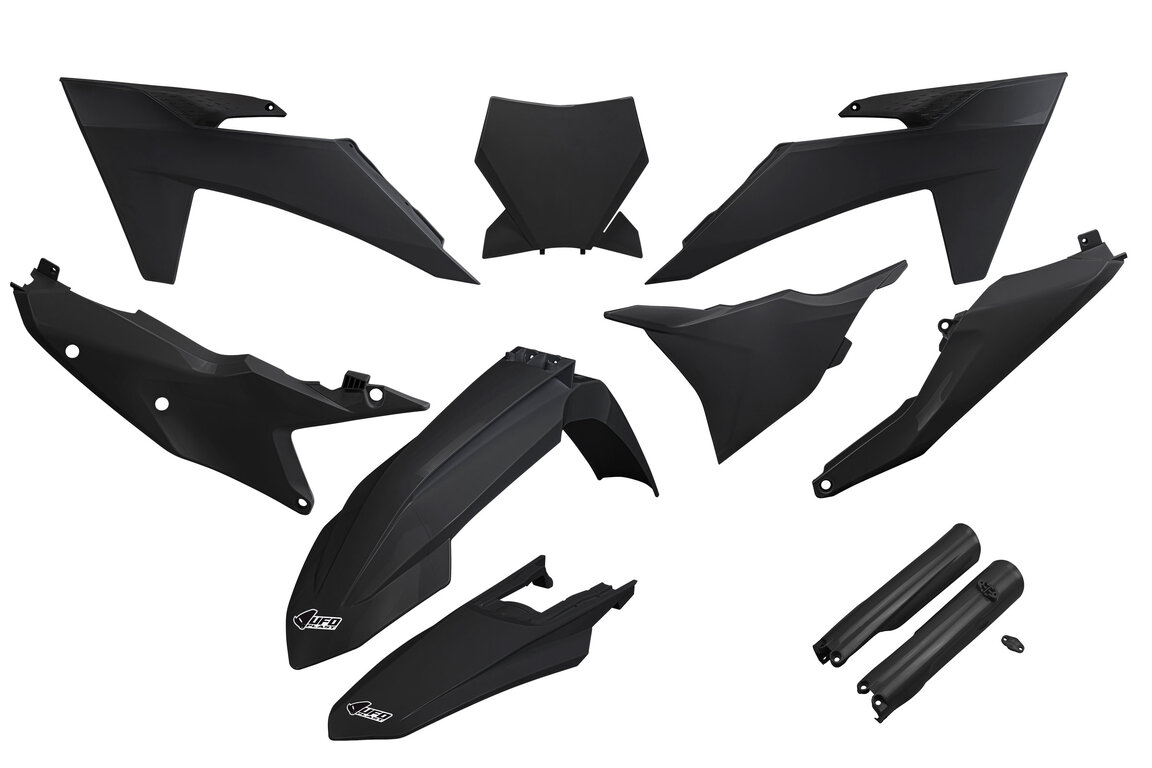 UFO Black with Forks Plastic Kit for KTM: SX125 (2023-2024), SX250 (2023-2024), SX300 (2023-2024), SXF250 (2023-2024), SXF250FE (2022-2023), SXF350 (2023-2024), SXF450 (2023-2024), SXF450FE (2022-2023), XC125 (2023-2024), XC250 (2023-2024), XC300 (2023-2024), XCF250 (2023-202...and more