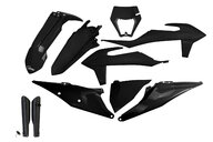 UFO Black w/ Forks Plastic Kit for KTM: EXC125 (2020-2021), EXC150 (2020-2023), EXC250 (2020-2023), EXC250F (2020-2023), EXC300 (2020-2023), EXC350F (2020-2023), EXC450F (2020-2023), EXC500F (2020-2023), XCF350W (2020-2022), XCF450W (2023), XCF500W (2020-2022), XCW150 (2023...and more