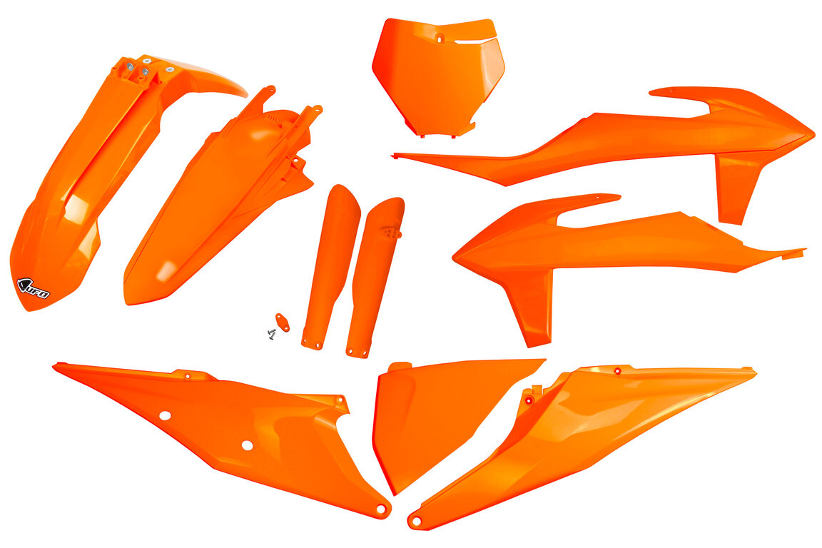 UFO Orange with Forks Plastic Kit for KTM: SX125 (2019-2022), SX150 (2019-2022), SX250 (2019-2022), SXF250 (2019-2022), SXF350 (2019-2022), SXF450 (2019-2022), SXF450FE (2018-2021)