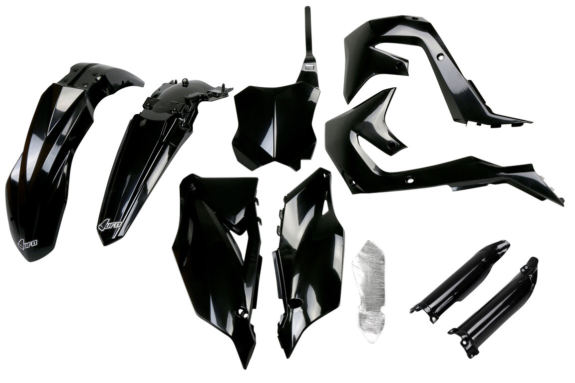 UFO Black w/ Forks Plastic Kit for Kawasaki: KX250F (2021-2024), KX250F 50th Anniversary Edition (2024), KX250X (2022-2024), KX250XC (2021), KX450F (2019-2023), KX450SR (2022-2023), KX450X (2022-2023), KX450XC (2021)