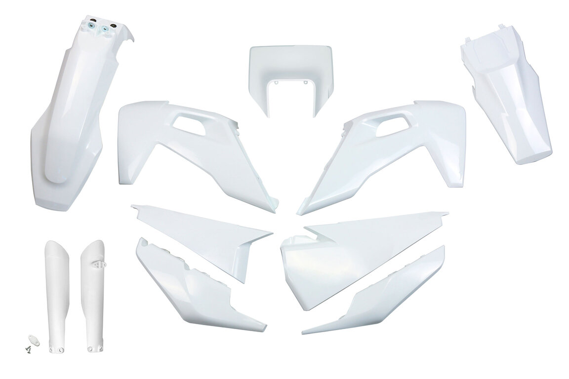UFO White w/ Forks Plastic Kit for Husqvarna: FE250 (2022-2023), FE350 (2020-2023), FE350s (2020, 2022-2023), FE450 (2020-2023), FE501 (2020-2023), FE501s (2020-2023), TE150 (2023), TE150i (2020-2022), TE250 (2023), TE250i (2020-2022), TE300 (2023), TE300i (2020-2022), TE30...and more