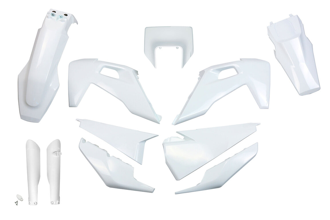 UFO White with Forks Plastic Kit for Husqvarna: FE250 (2022-2023), FE350 (2020-2023), FE350s (2020, 2022-2023), FE450 (2020-2023), FE501 (2020-2023), FE501s (2020-2023), TE150 (2023), TE150i (2020-2022), TE250 (2023), TE250i (2020-2022), TE300 (2023), TE300i (2020-2022), TE30...and more