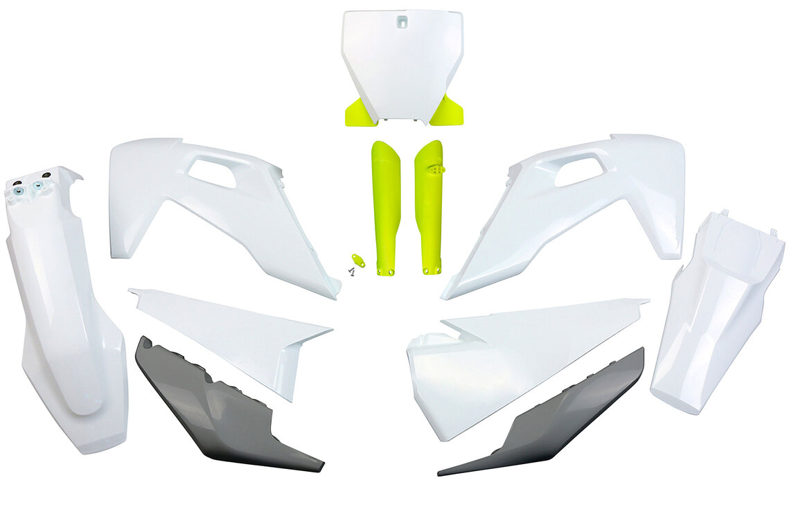 UFO OEM 20 Color w/ Forks Plastic Kit for Husqvarna: FC250 (2019-2022), FC350 (2019-2022), FC450 (2019-2022), FC450 Rockstar Edition (2018-2021), FX350 (2019-2022), FX450 (2019-2022), TC125 (2019-2022), TC250 (2019-2022), TX300 (2019), TX300i (2020-2022)