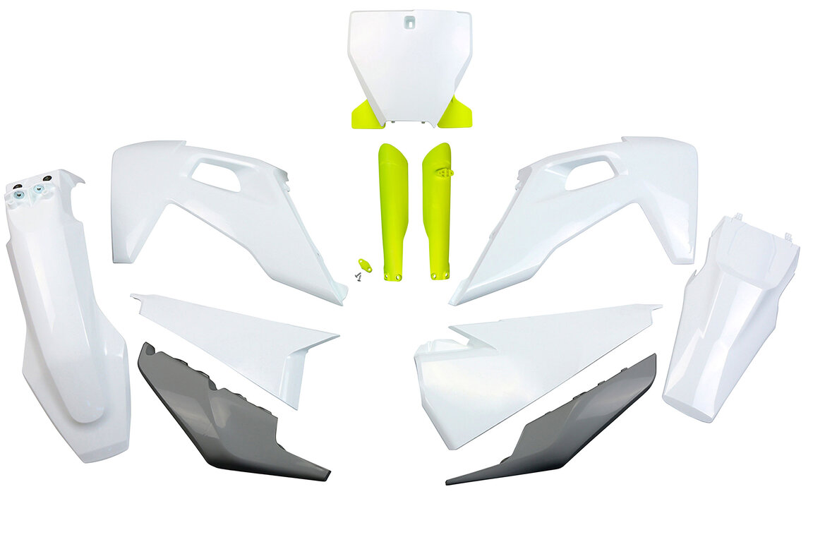 UFO OEM 20 Color with Forks Plastic Kit for Husqvarna: FC250 (2019-2022), FC350 (2019-2022), FC450 (2019-2022), FC450 Rockstar Edition (2018-2021), FX350 (2019-2022), FX450 (2019-2022), TC125 (2019-2022), TC250 (2019-2022), TX300 (2019), TX300i (2020-2022)