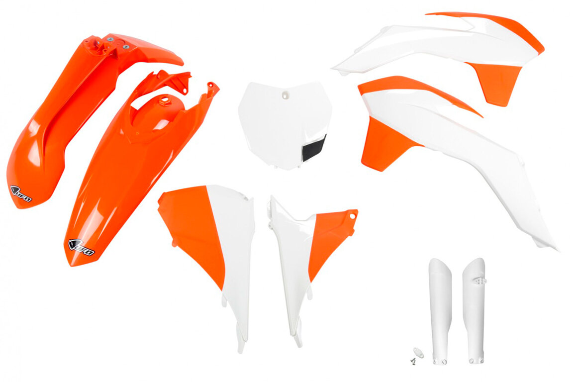 UFO OEM Color with Forks Plastic Kit for KTM: SX125 (2015), SX150 (2015), SX250 (2015-2016), SXF250 (2015), SXF350 (2015), SXF450 (2015), XC150 (2015), XC250 (2015-2016), XCF250 (2015), XCF350 (2015), XCF450 (2015)