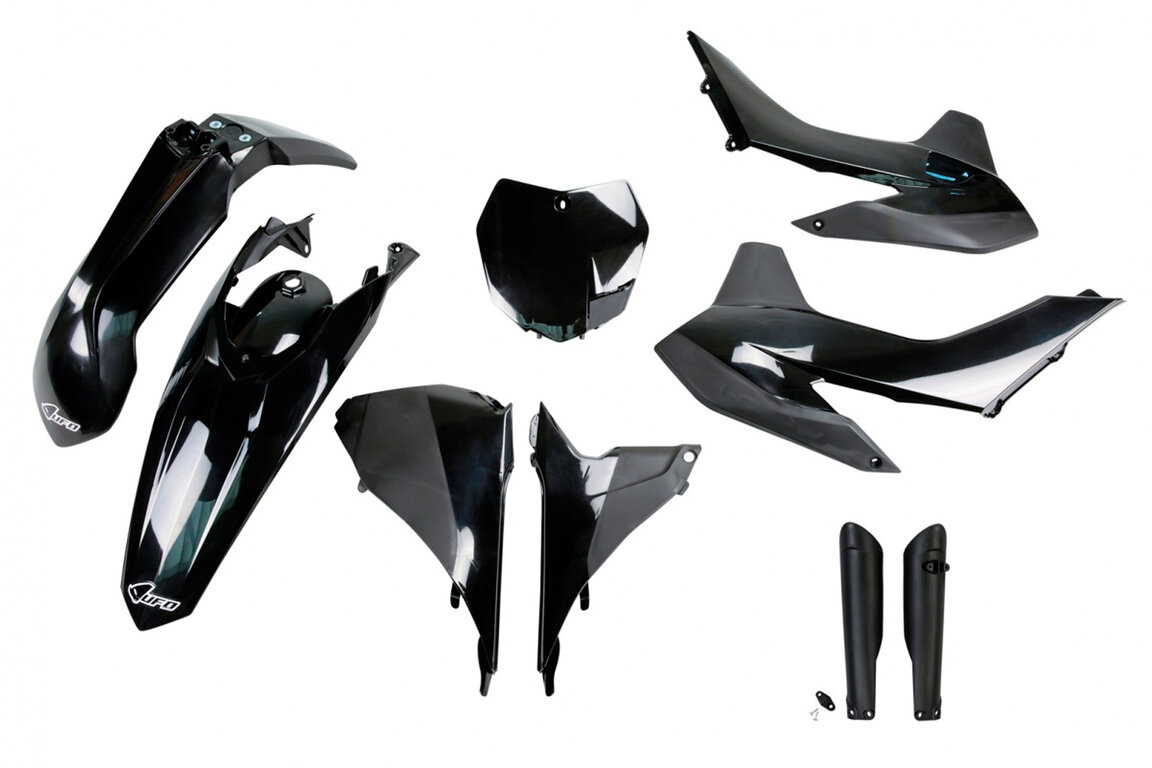 UFO Black with Forks Plastic Kit for KTM: SX125 (2015), SX150 (2015), SX250 (2015-2016), SXF250 (2015), SXF350 (2015), SXF450 (2015), XC150 (2015), XC250 (2015-2016), XCF250 (2015), XCF350 (2015), XCF450 (2015)