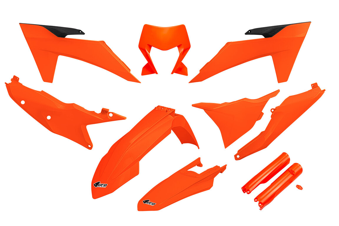 UFO Neon Orange with Forks Plastic Kit for KTM: EXC350F (2024-2025), EXC450F (2024-2025), EXC500F (2024-2025), XCF450W (2024-2025), XCW150 (2024-2025), XCW250 (2024-2025), XCW300 (2024-2025), XCW300 Factory Edition (2025), XW-F 350 (2024), XW-F 500 (2024)